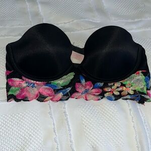 Victoria’s Secret Pink Black Blue Floral Lace Strapless Bustier Bra 32A